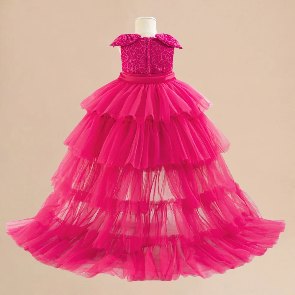 Baby Girl Fancy Trailing Tail Princess Dress Toddler Girls Bow 1st Birthday Tutu Dresses Kids Hot Pink Layered Clothes New Wear