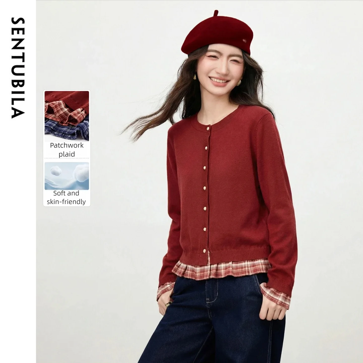 

SENTUBILA Fake Two Pieces Cardigan for Women Simple Splicing Plaid Knit Sweater 2025 Winter New Thick Long Sleeve Tops W61EE6027