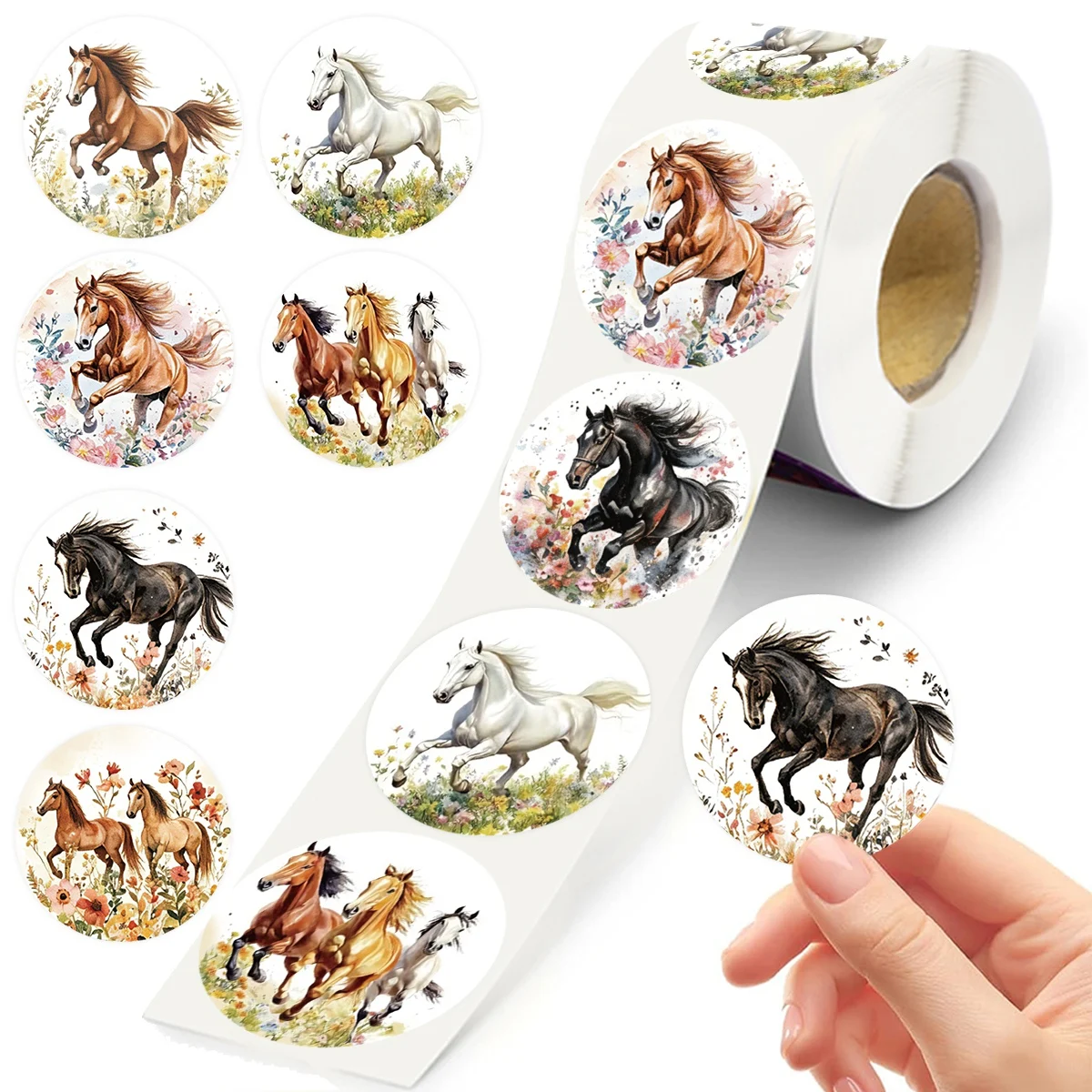 500 Adesivos de Cavalo em Rolo, Adesivos Redondos de Cavalo a Correr em Desenho Animado, Etiquetas Impermeáveis para Geladeira, Guitarra, Laptop, Moto