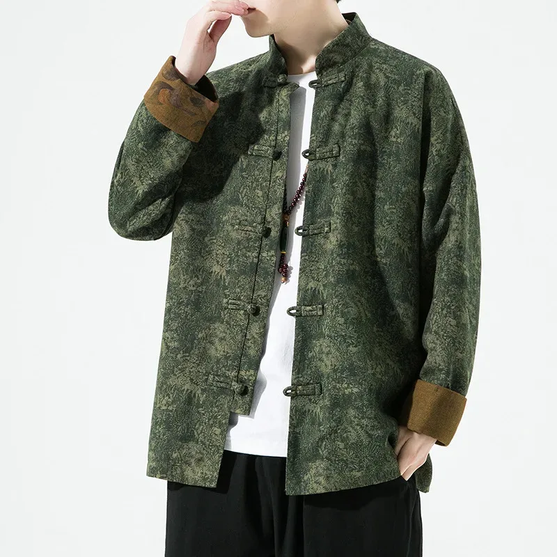 Мужской хлопково-льняной костюм с цветочным принтом Тан, топы, рубашка размера плюс 5XL, китайское традиционное ретро-пальто, куртка с воротником-стойкой и пряжкой