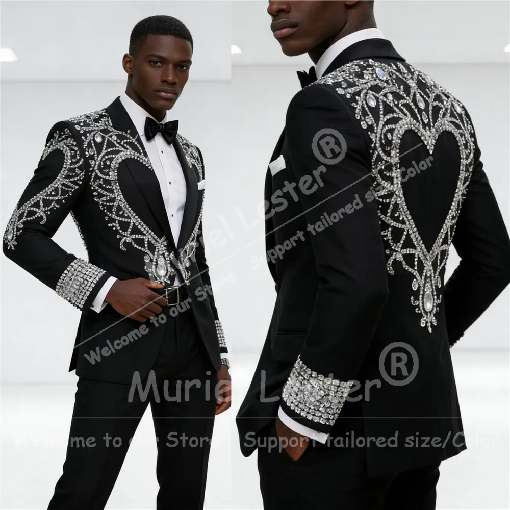 

Exclusive Jewelry Stones Men Suit Attie For Wedding Single Breasted Jacket Pants 2 Piece Set Groom Tuxedos Customized Man Outfit