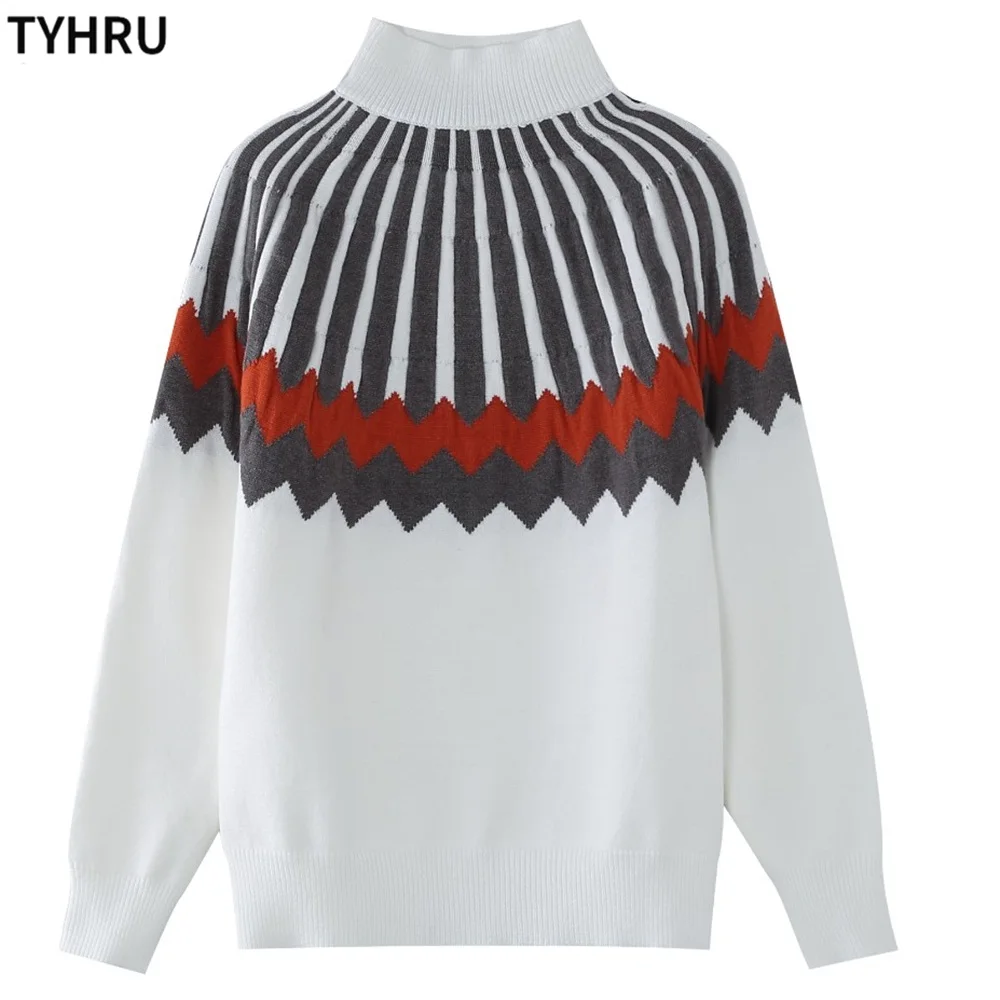 TYHRU Women\'s Autumn Winter Casual Sweater High-neck Knitting Long Sleeve contrast color Loose Tops Pullover