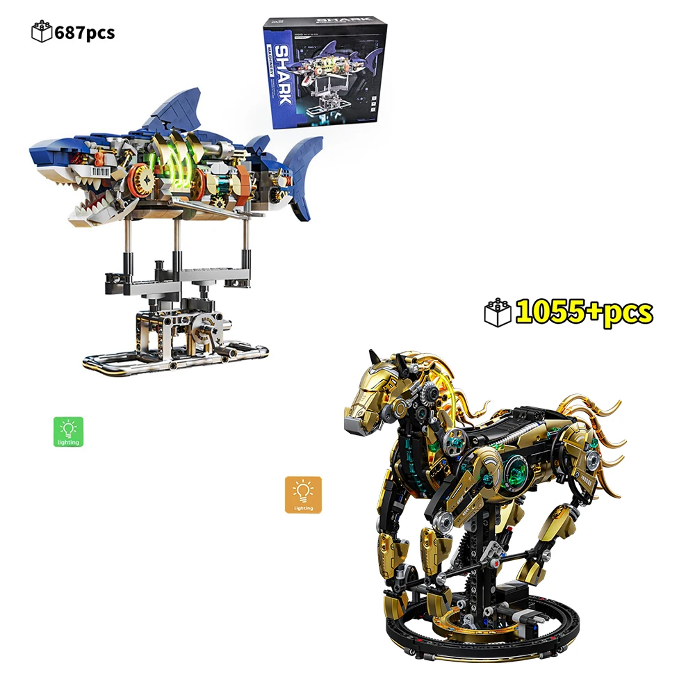 Mérnöki építőkocka készlet Mozgatható mechanikus állatmodellek Cápa Ló Kreatív műszaki MOC téglák Iskolakezdési ajándék