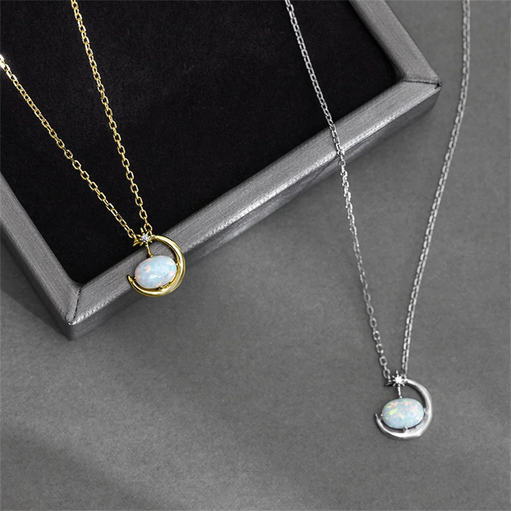 

Korean S925 Sterling Silver Star-Moon Necklace for Women, Egg-Shaped Moonstone, Niche Luxury Collarbone Chain