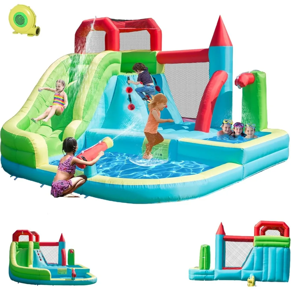 

Inflatable Water Slide for Kids,6-in-1 Bounce House with Waterslide Park,Deep Pool,Splash Pool,Water Cannon,Climbing Wall