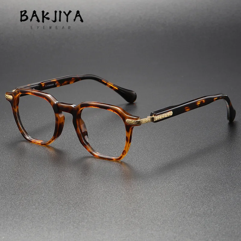 

Japanese Handmade Retro Acetate Titanium Eyeglasses Frame High Quality Men Vintage Polygonal Leopard Print Full Glasses Gafas