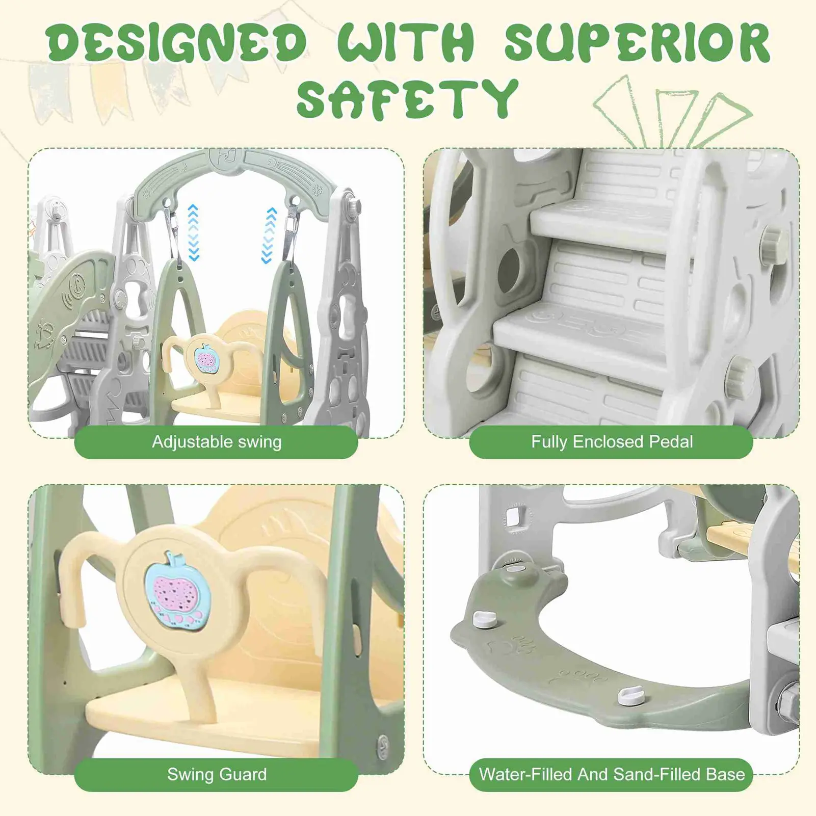 4 in 1 Slide  Fully Enclosed Pedal Enhanced Safety Easy Set Up Playground Slide Swing Playset Green Outdoor Swing with Slide