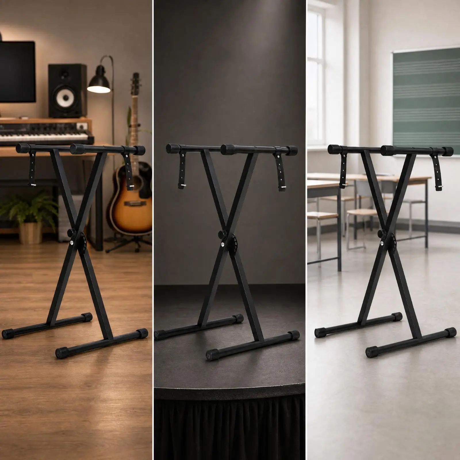 Black Iron Keyboard Stand with Tubular Construction for Home Studio and Practice Room Organization