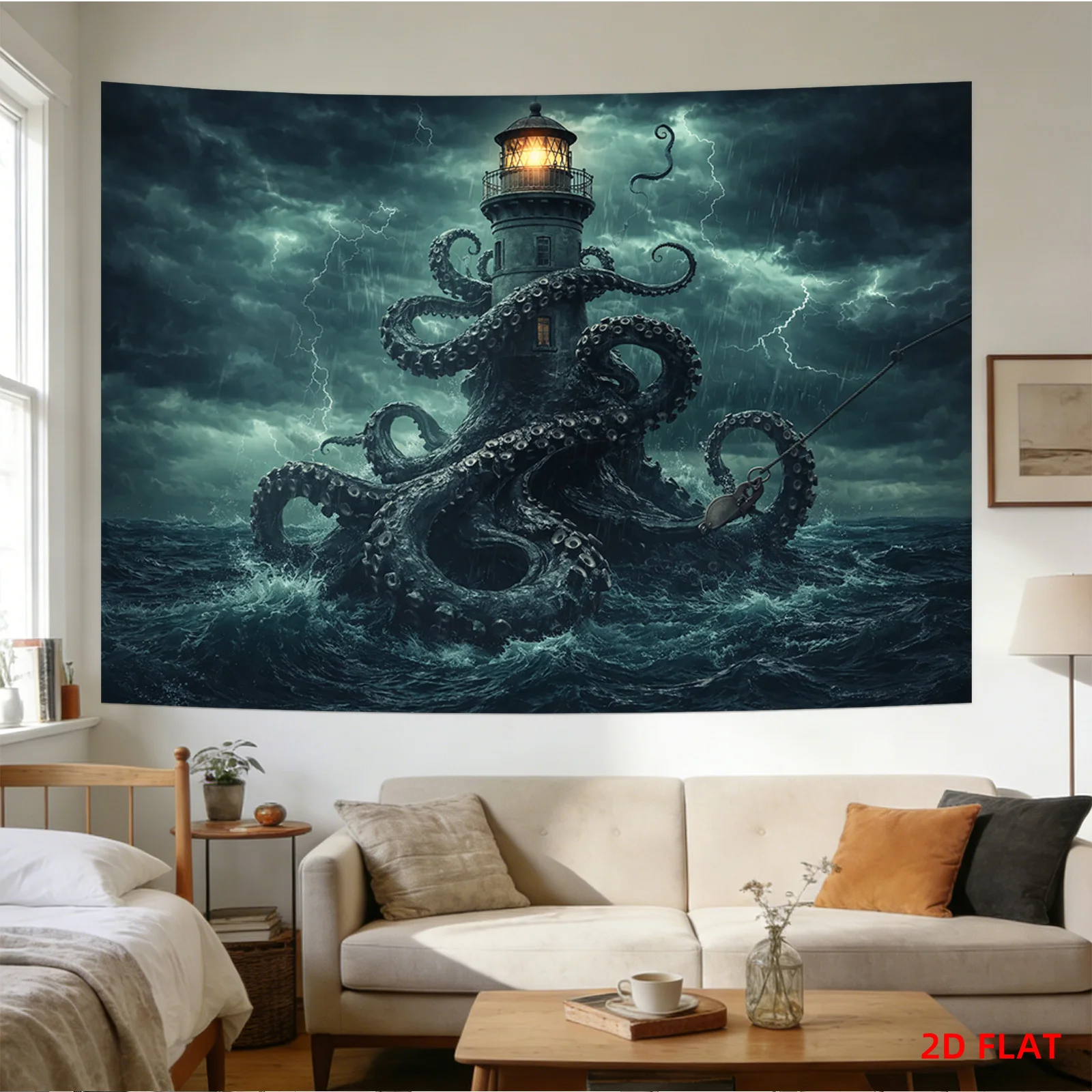 1pc Tapestry, 2D Flat Print Giant Octopus Tentacles Wrap Lighthouse Stormy Sea Lightning Tapestry, Decor for Bedroom Living Room
