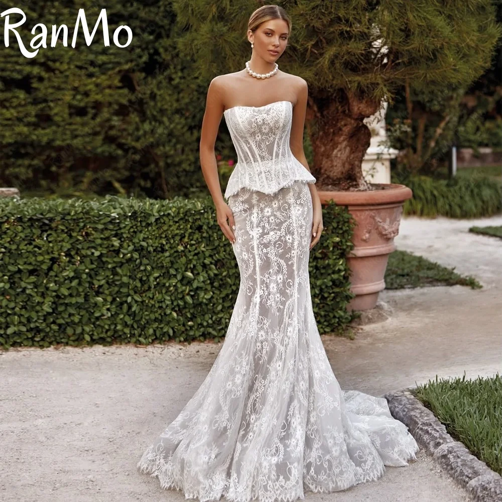 

Ranmo Customized Lace ivory white Ball Gown Royal Wedding Dresses Sweetheart applique decal fish tail Made Robe De Court Train