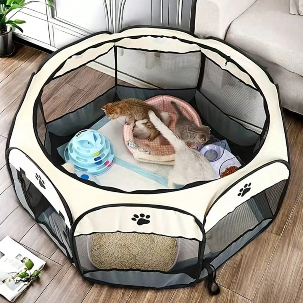 Foldable Pet Playpen with Zipper Door & Mesh Panels, Portable Indoor/Outdoor Kennel for Cats, Dogs