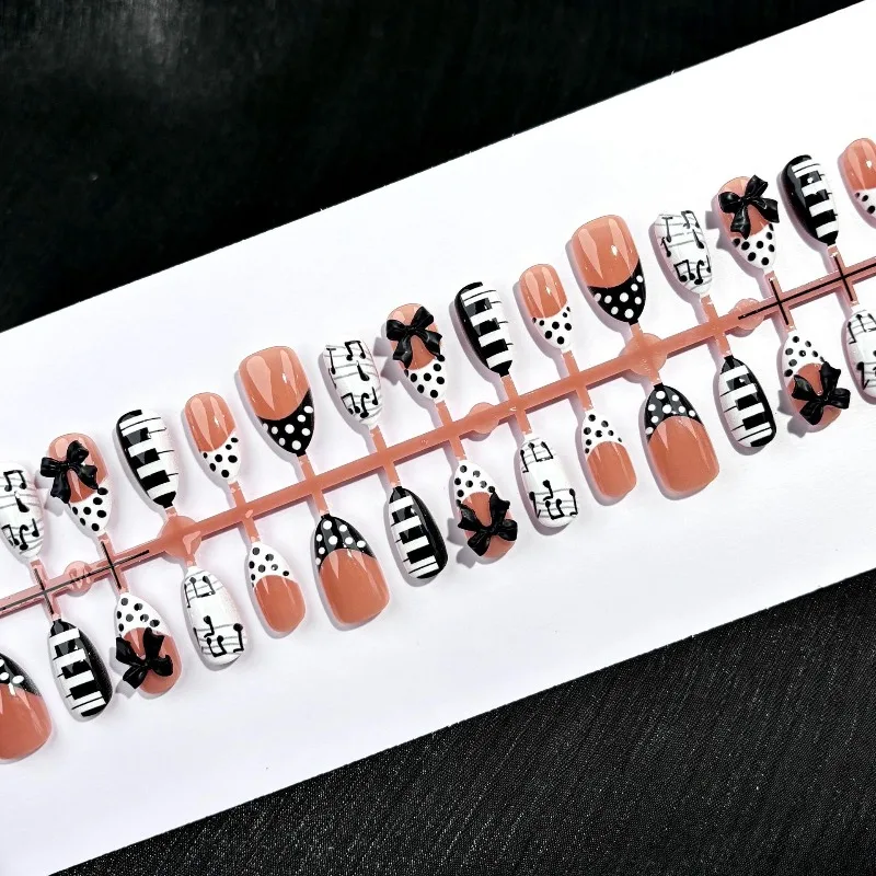 30Pcs Press-On Nails Black and White 3D Bows and Polka Dots French-Style Piano Design—Perfect for Girls and Everyday Wear 2