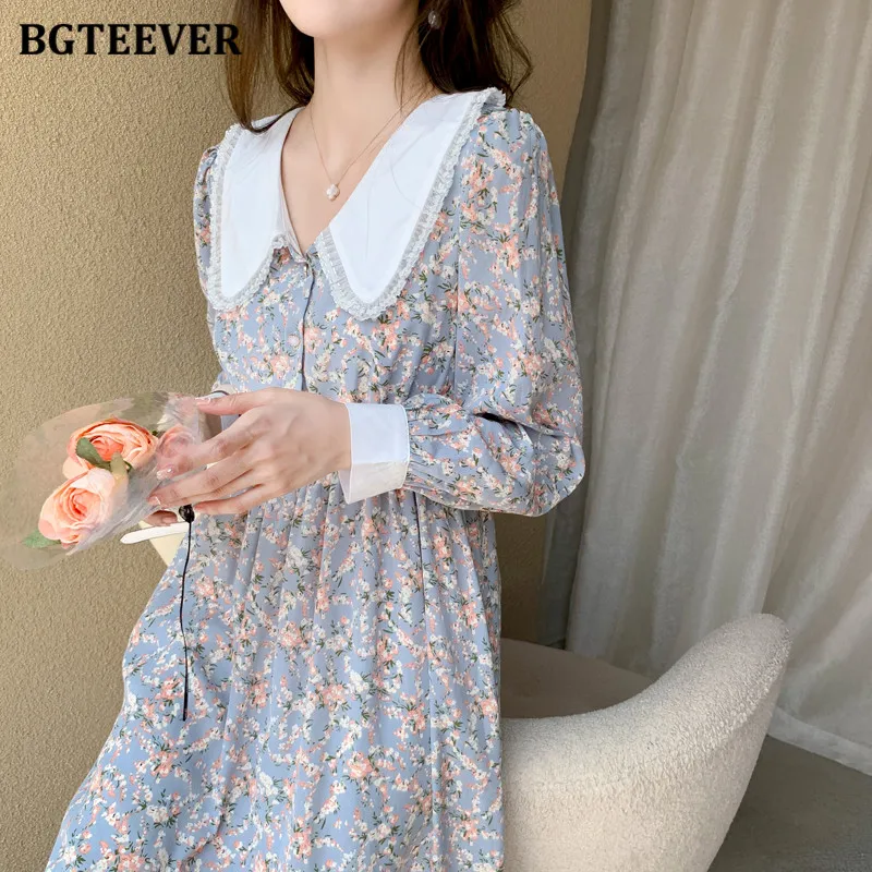 BGTEEVER Vintage Peter Pan Collar Chiffon Floral Ladies Dress Spring Women A-line Dress Long Sleeve Slim Female Midi Vestidos