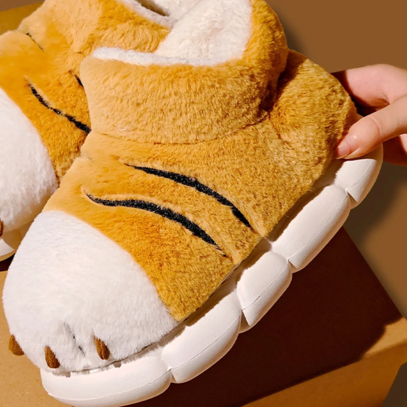 Female Tiger Claw Cotton Slippers Winter Men Cartoon Cute Snow Boots Shoes Couple Non-slip Warm Thick Sole Comfortable Flats