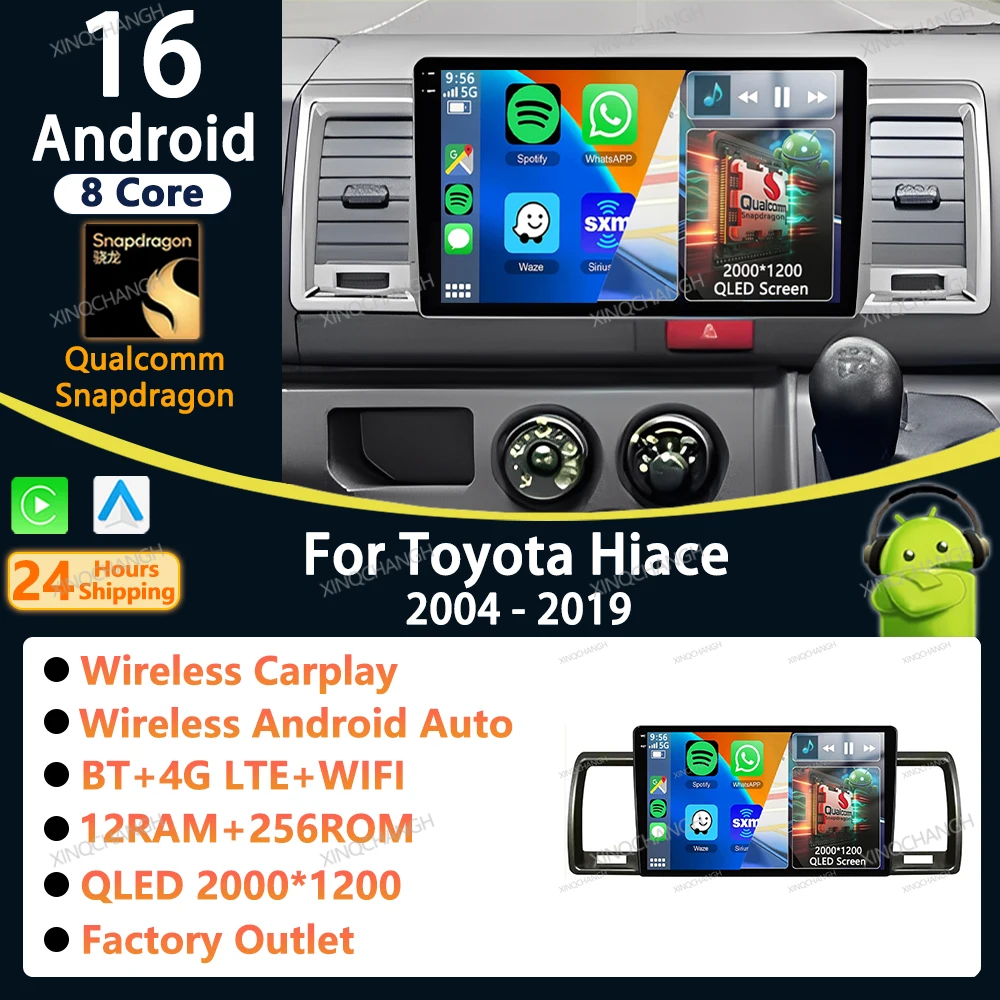 Android 16 Car Radio Carplay Auto For Toyota Hiace 2004 - 2019 Player Stereo Dash Fitting Panel Kit Accessories 2 DIN Video DIN