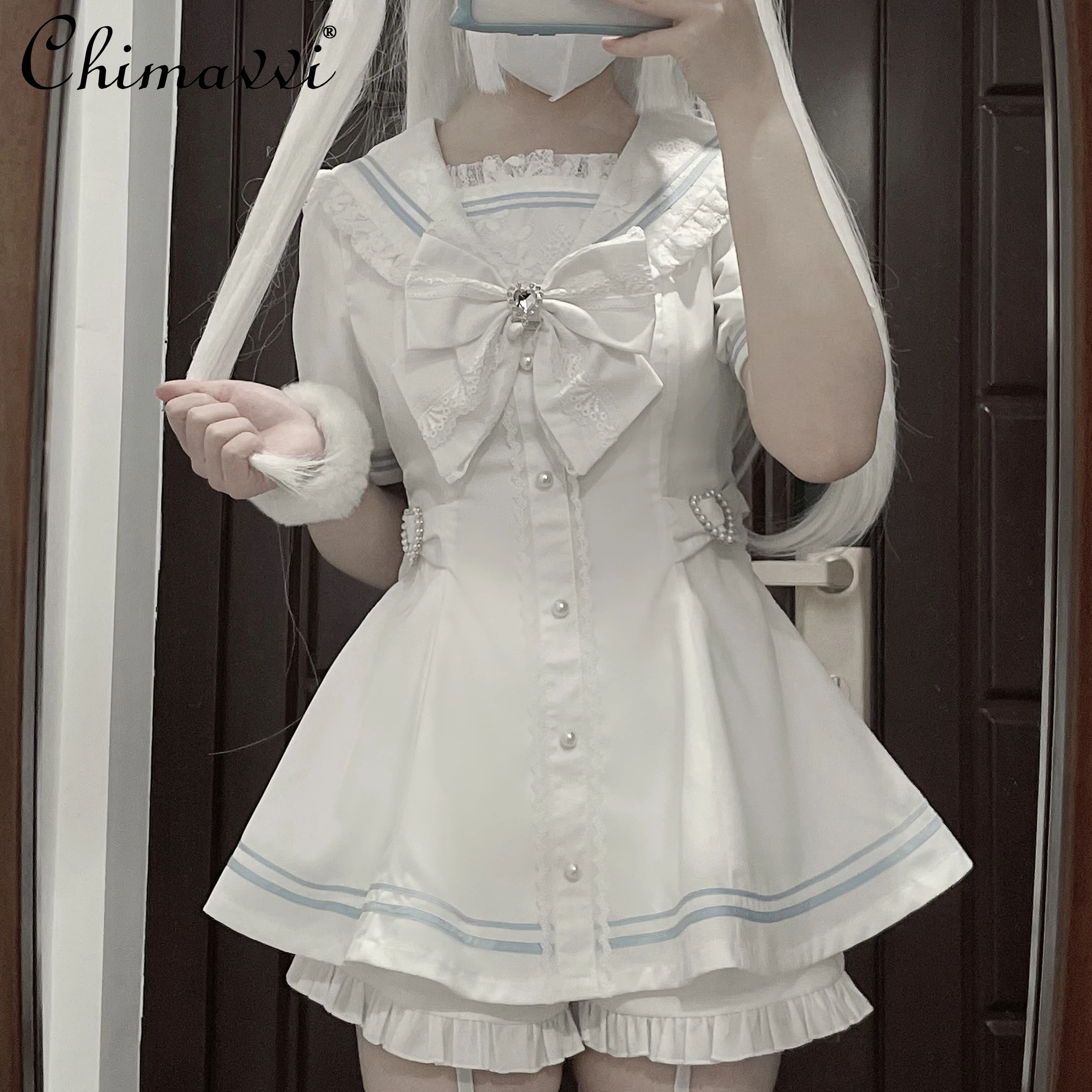 

Japanese Mine Mass-Produced Shorts Suit Sailor Collar Short Sleeve Lace Dress and Shorts Lolita Two-Piece Set Women's Outfits