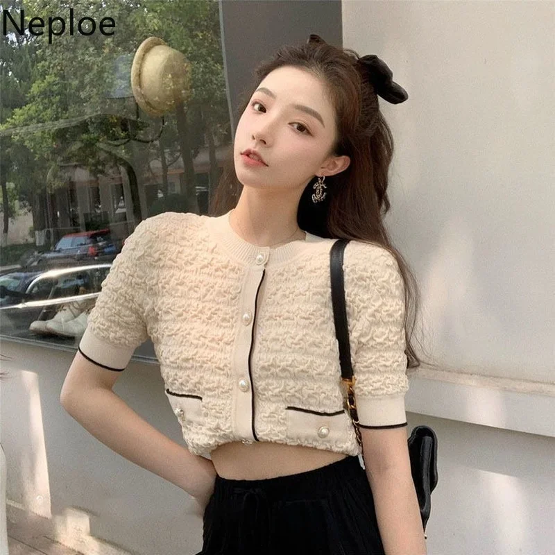 Neploe Elegant Cardigans Women Blouses Fashion O Neck Short Sleeve Knitted Shirts 2023 Summer Blusas Korean Ladies Crop Tops