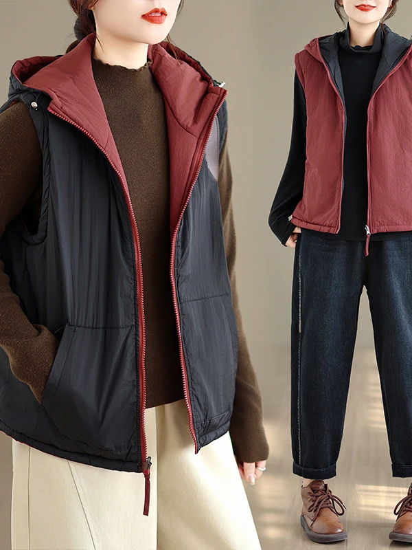 

Slimming Effect Winter New Arrival Women's Faionable Hooded Lightweight Vest Loose Fit Commute Sle Pure Color Zipper Closure