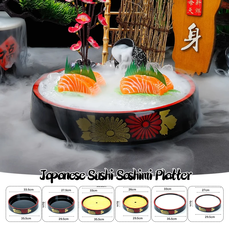 

Japanese Sushi Bucket Sashimi Raw Fish Seafood Dish Cuisine Fruit Dish Restaurant Serving Plate Round Tray Salmon Ice Plate