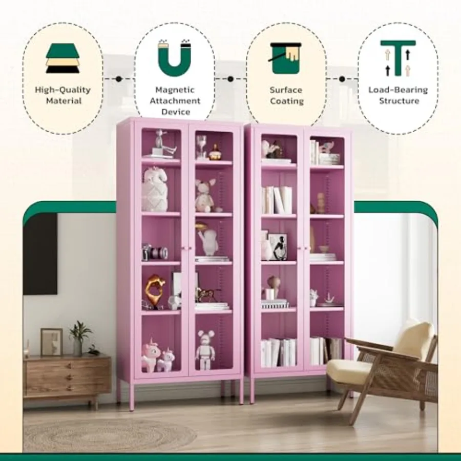 5-Tier Glass Display Cabinet for Home Office, Living Room, Pantry: Metal Frame, Clear Tempered Glass Doors, Sleek Silver Finish view 5