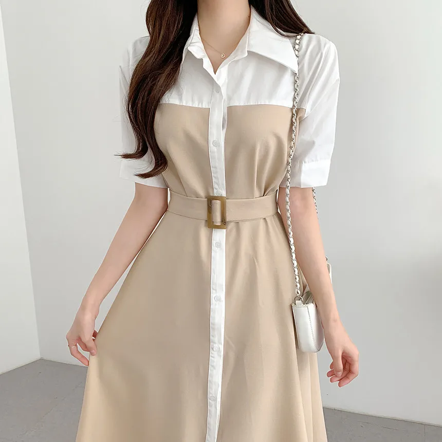 2023 Sommer koreanische Mode Hit Farbe Nähte Hemd Kleid für Frauen Temperament einreihige Büro Dame lässig Midi-Kleid