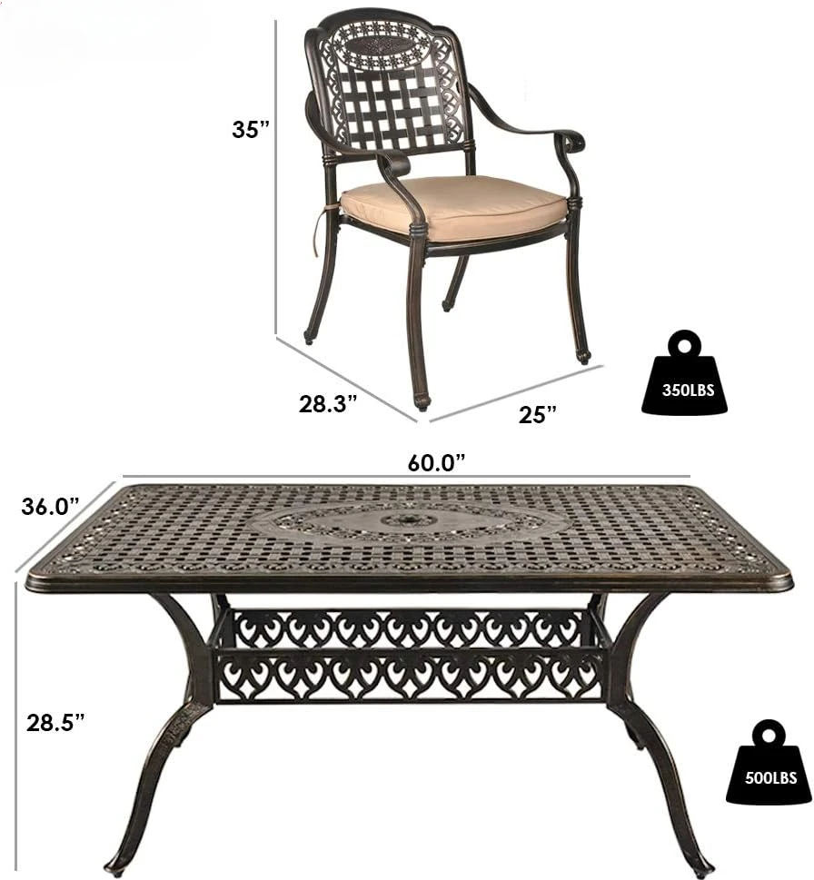 7-Piece Outdoor Furniture Dining Set, All-Weather Cast Aluminum Conversation Set includes 1 Rectangular Table and 6 Chairs