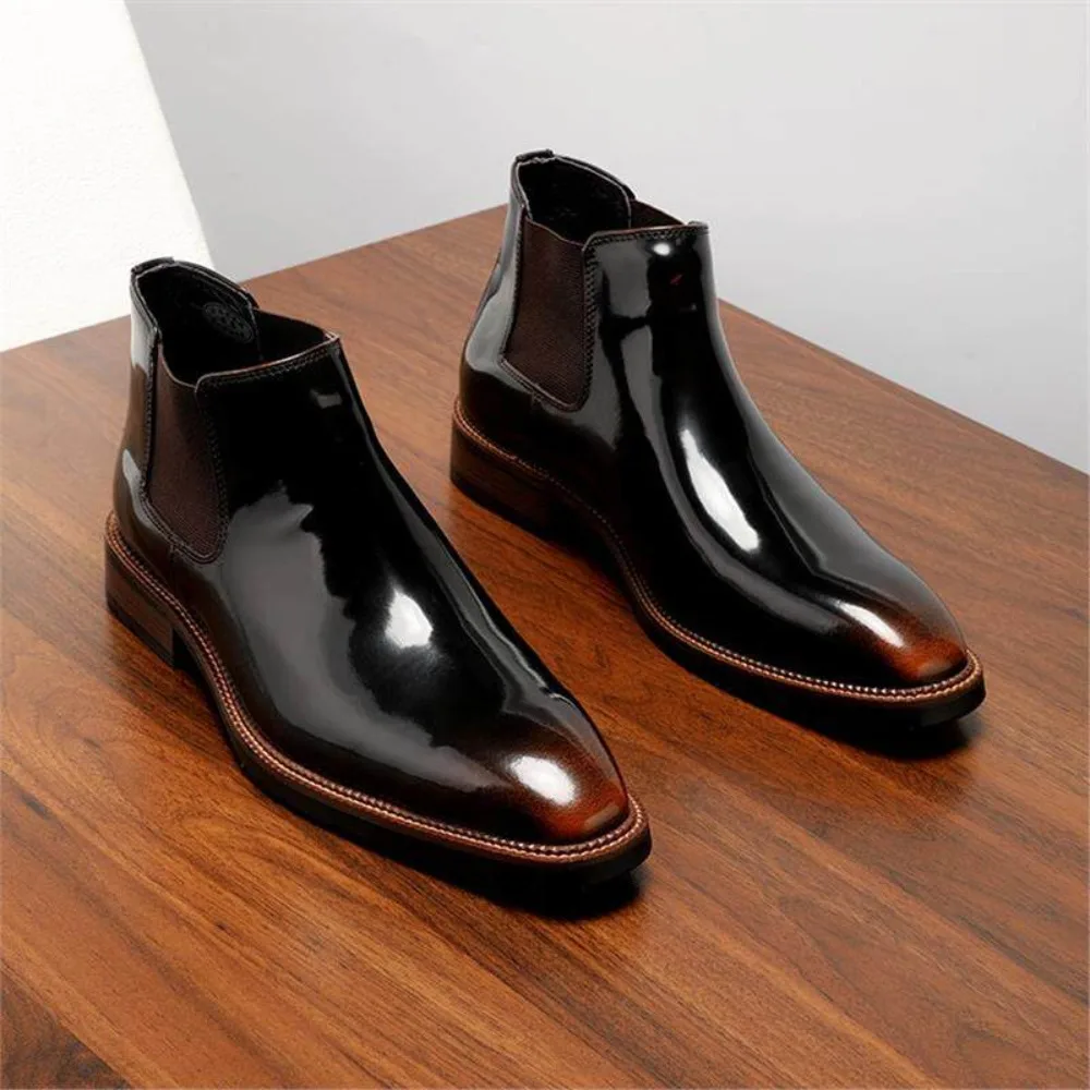 Men's Genuine Leather Boots New Fashion British Style Pointed Toe High Top Shiny Leather Short Boots for Men