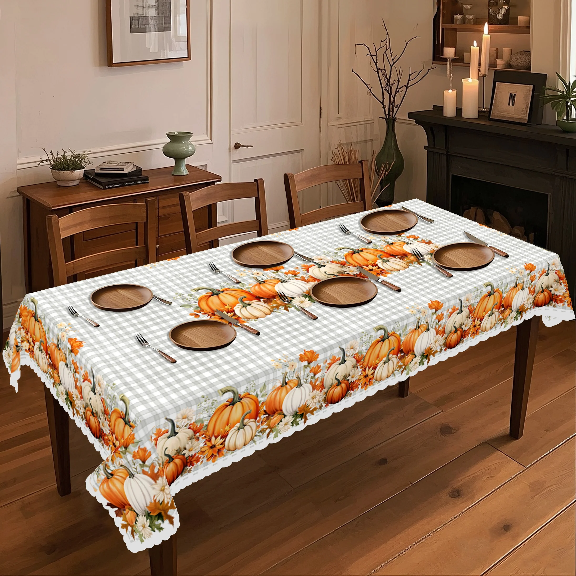 Autumn Pumpkins Maple Leaves Floral Plaid Tablecloth for Table Decor Fall Harvest Kitchen Dining Table Cloth Thanksgiving Decor