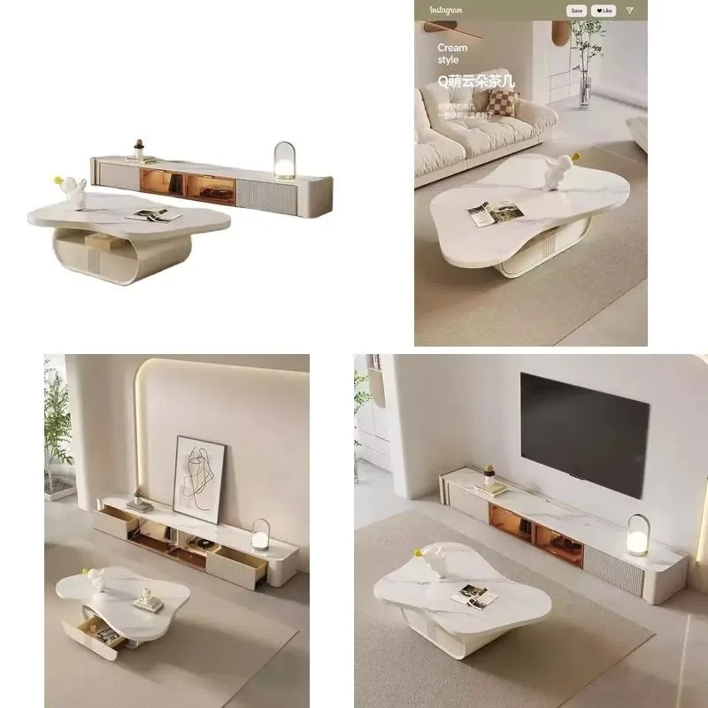 Modern Simple Luxury Living Room Furniture Cream Slate Cloud Coffee Table TV Rack Cabinet Set