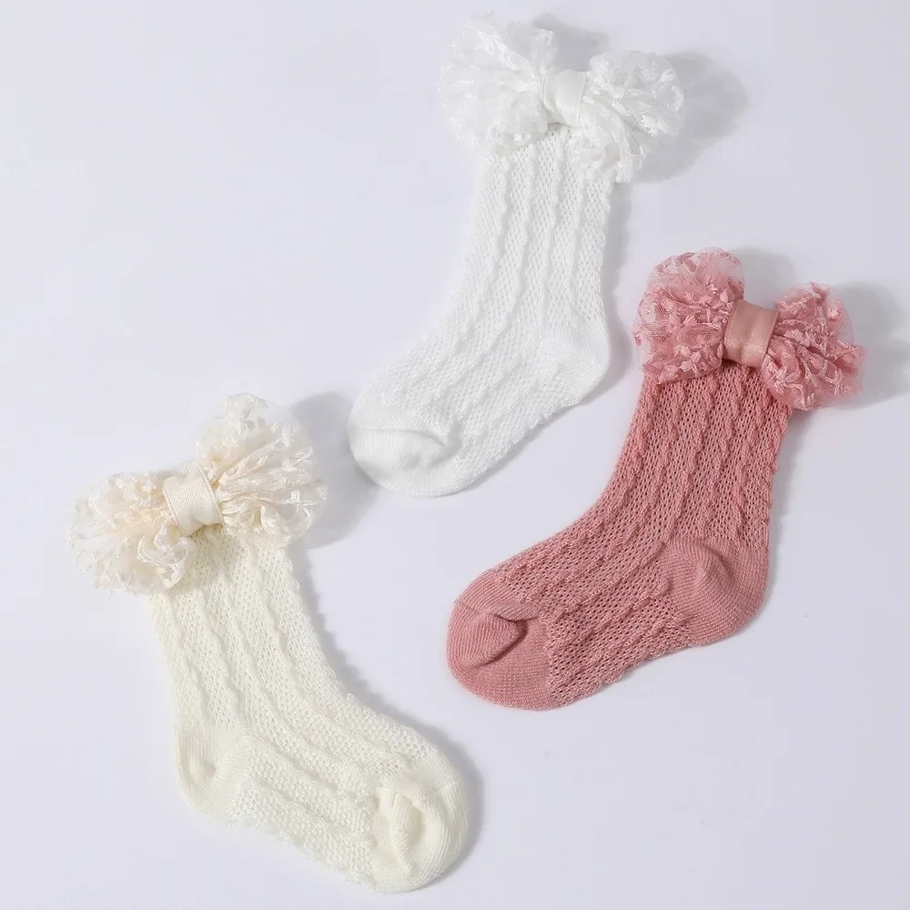 2PCS/Set Solid Color Baby Headband Socks Hollow Out Elastic Knit Socks Set Lace Bow Breathable Lace Bow Socks