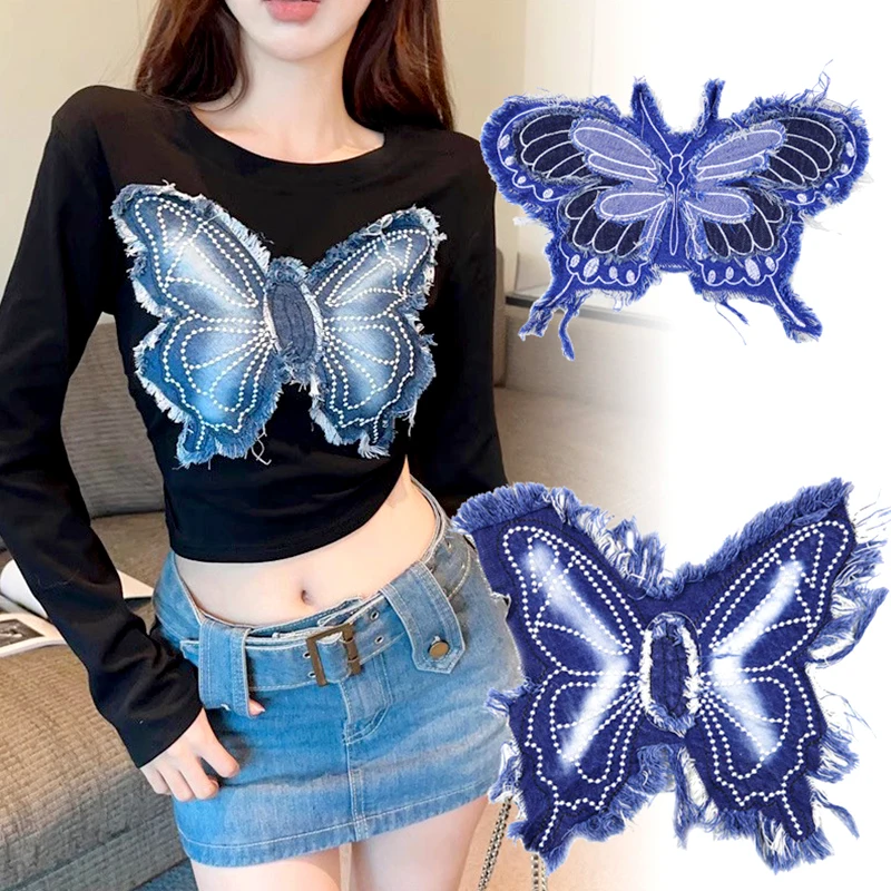 Cute Big Denim Butterfly Tassel Embroidery Patch Anime Patches for Clothing Sports Shoes Patch Sew on Patches Clothes DIY