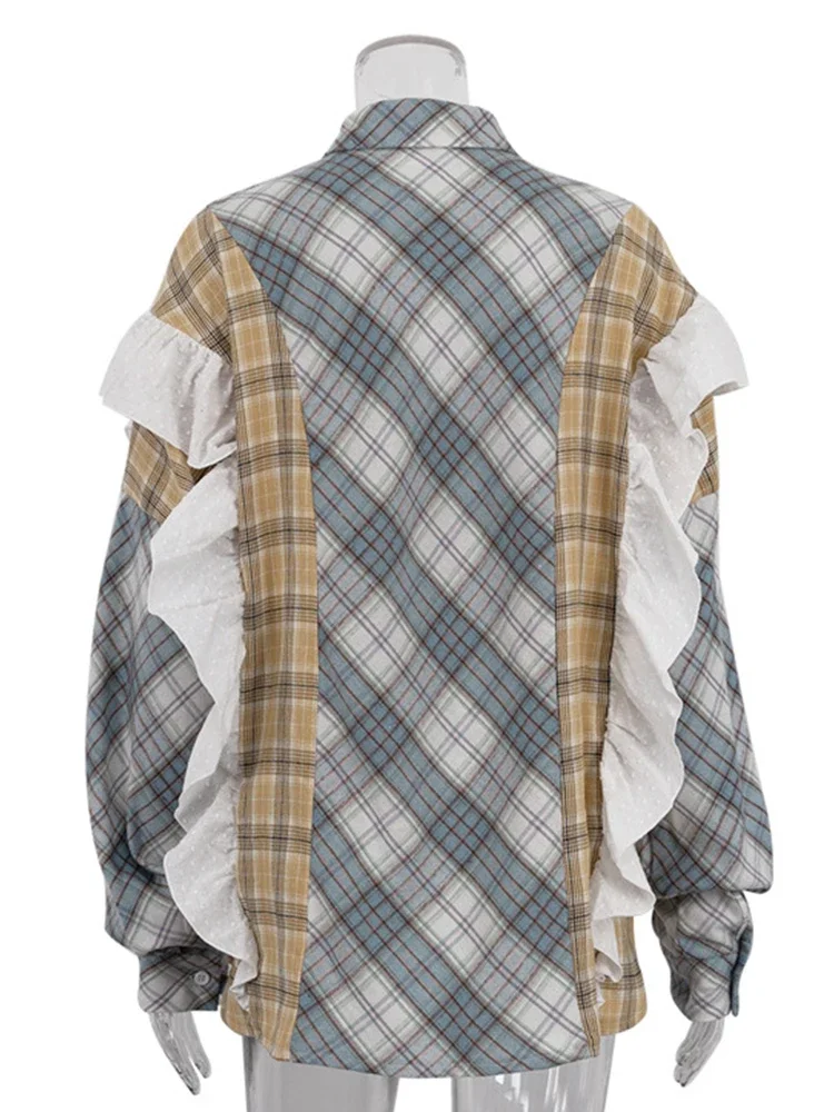 Fmxires Aynaray Women Autumn Winter 2025 New Vintage Pink Ruffles Plaid Shirt Oversized Long Sleeve Loose Fit Blouse Female