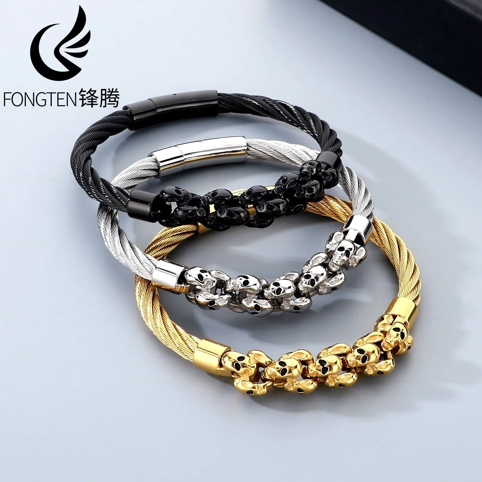 Fongten أسلاك الفولاذ الجمجمة الربط الفولاذ المقاوم للصدأ الرجال سوار العصرية الصبي اكسسوارات هالوين الأزياء والمجوهرات هدايا الحفلات #1