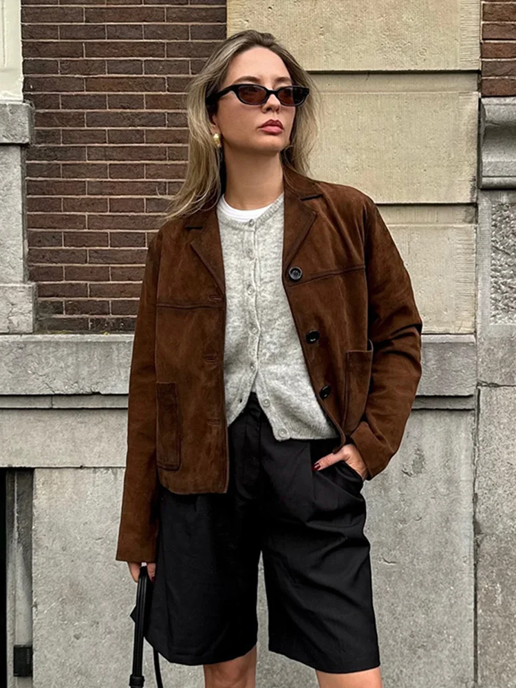 Lapel Single-Breasted Suede Jackets Women Vintage Short Long Sleeved Jacket For Woman Autumn Casual Brown High Street Outwear