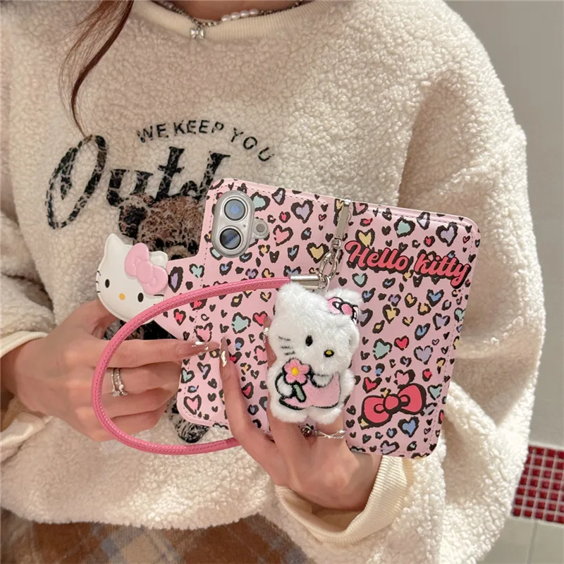 Flip leather case with pendant 3D doll Hello Kitty Sanrio Phone Soft Case for IPhone 13 14 15 16 Pro Y2k Girl Phone Case Cover