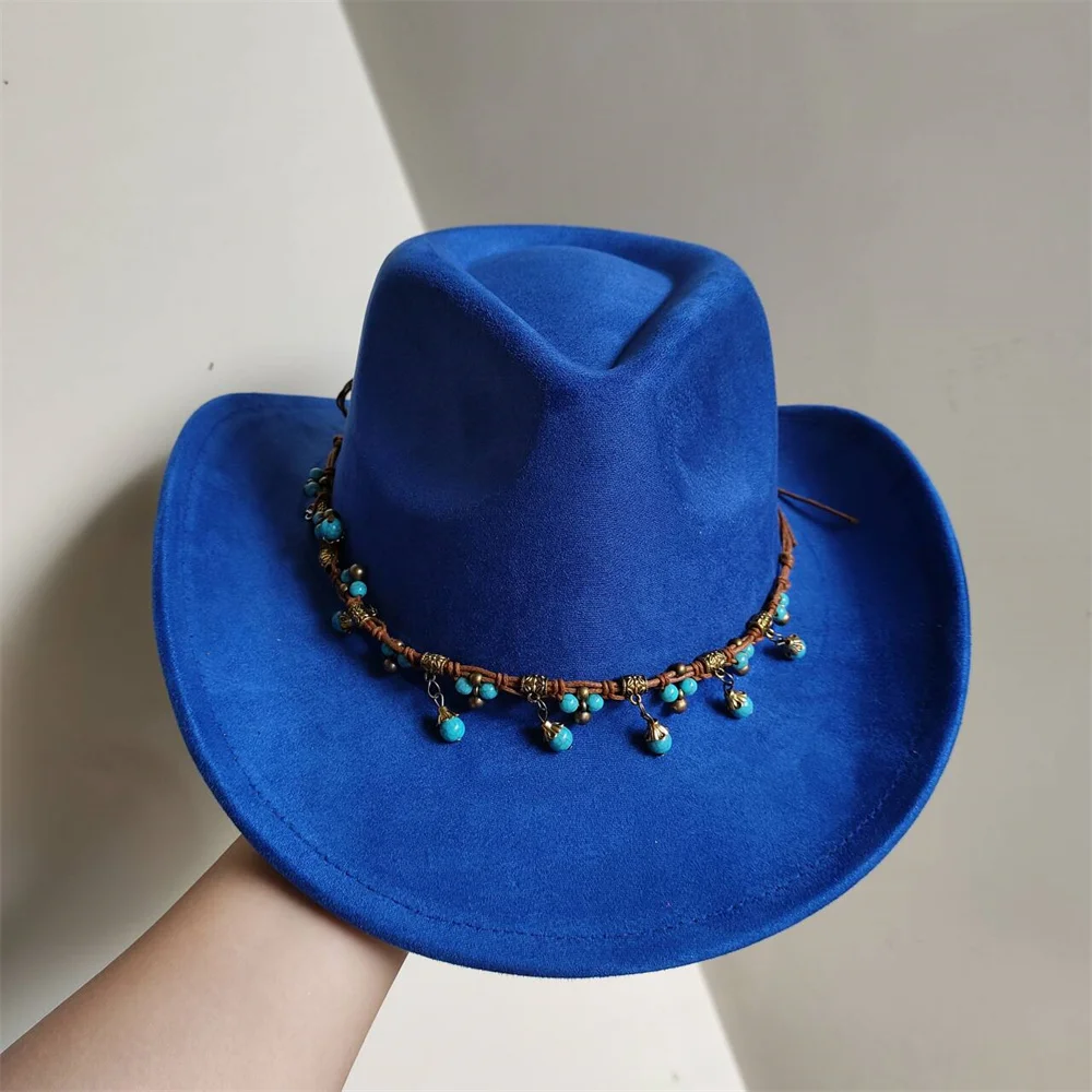 Nowy niebieski zamszowy kapelusz 7.5CM Western Cowboy Damski kapelusz Fedora Męski kościelny kapelusz jazzowy Moda Podróż Impreza Kapelusz Denim 2024