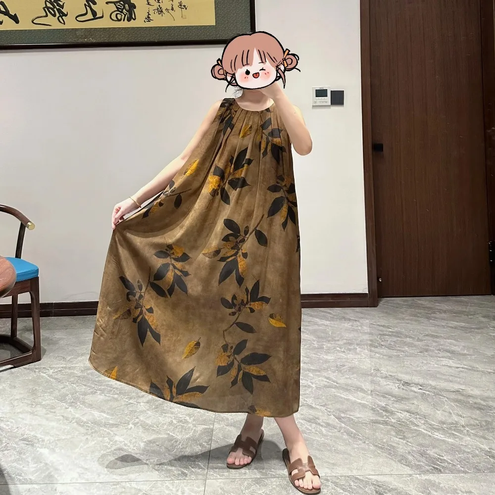 2025年レディースファッション新スタイル100%天然桑絹03クレープデシンラウンドネックナチュラルウエストプリントベストドレス