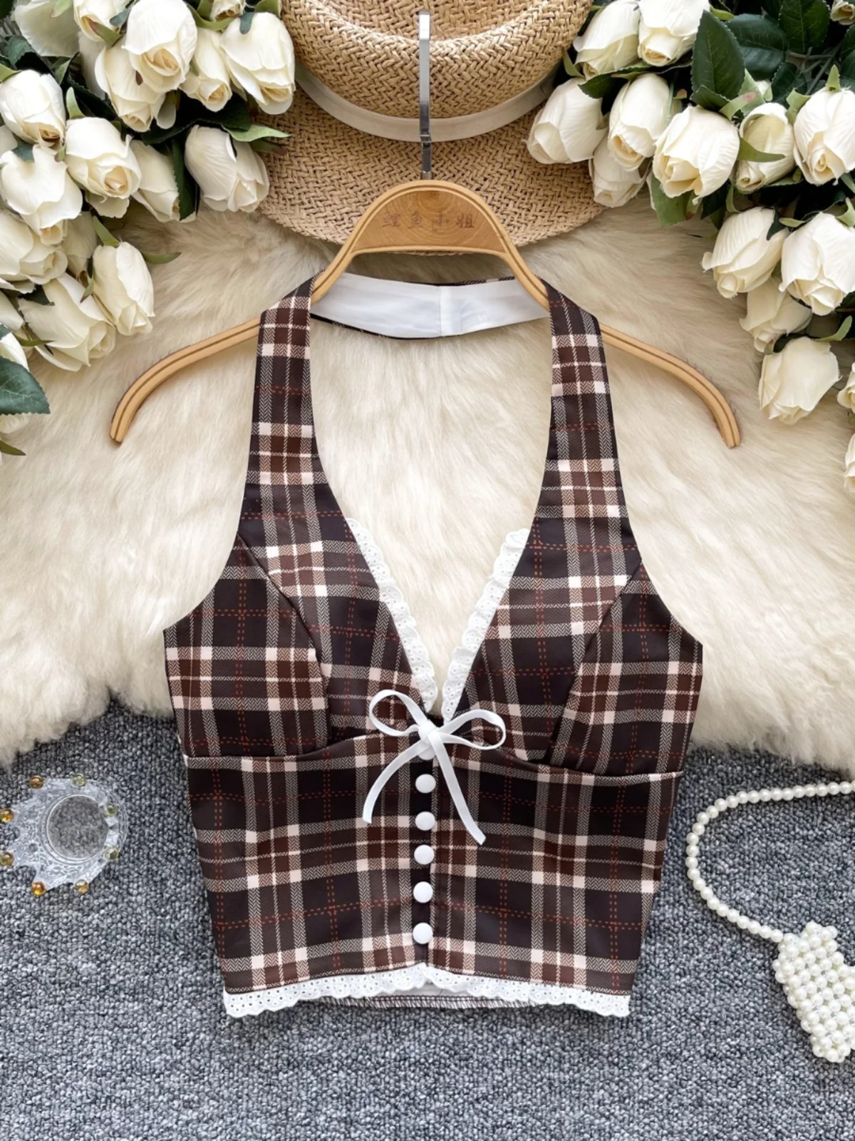 

Pure Desire Sexy ort Plaid Vest Women's Summer Deep V-ne ter Waist Slimming Hot Girl Neline Csole Tank Top
