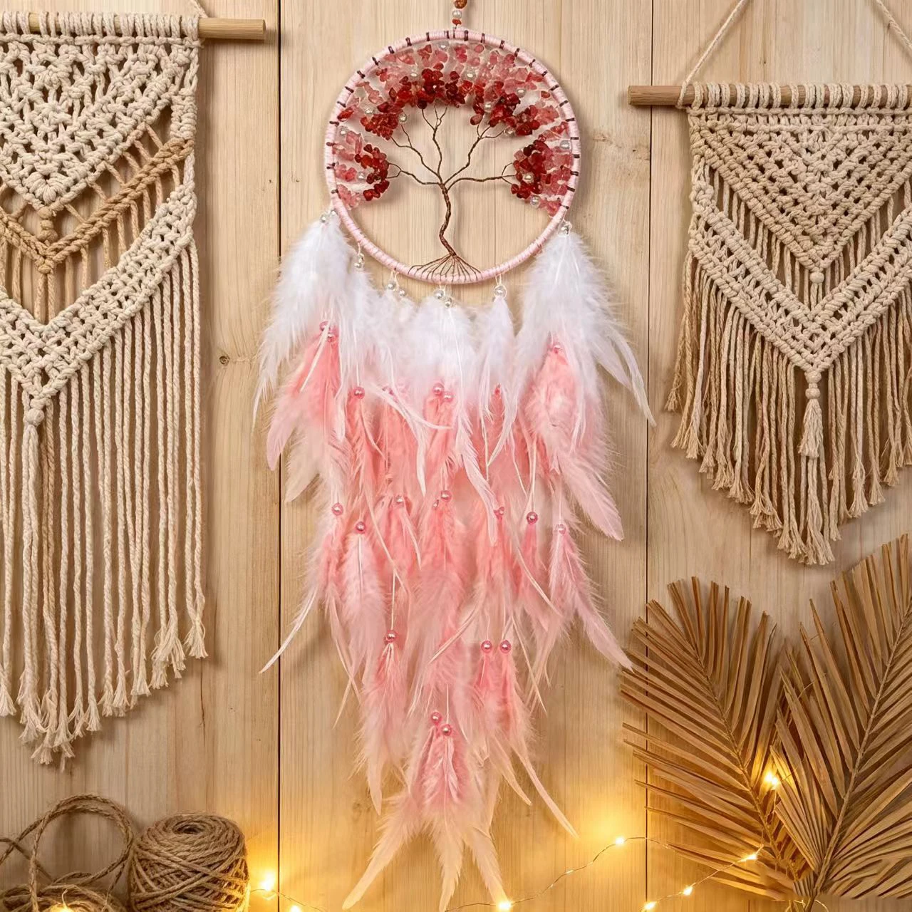 Handmade Tree Of Life Pink Dream Catcher Crystal Stone Wind Chime Ornaments Home Living Room Wall Hanging Nordic Gift Decor