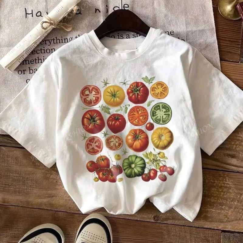Cute Tomato Print Women's T-Shirt Short Sleeve Cotton Cute Aesthetic Streetwear Tops Garden Shirt Cottagecore Female Clothing