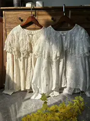 2026 Vintage victorian clothes women spring autumn original white beige cotton lace embroidery shirts and blouses