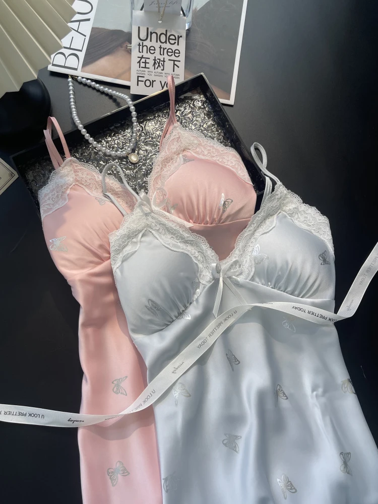 DAIMELU spring and autumn long-sleeved nightgown ice silk set nightdress with chest pad sexy sleepwear suit female pajamas gril