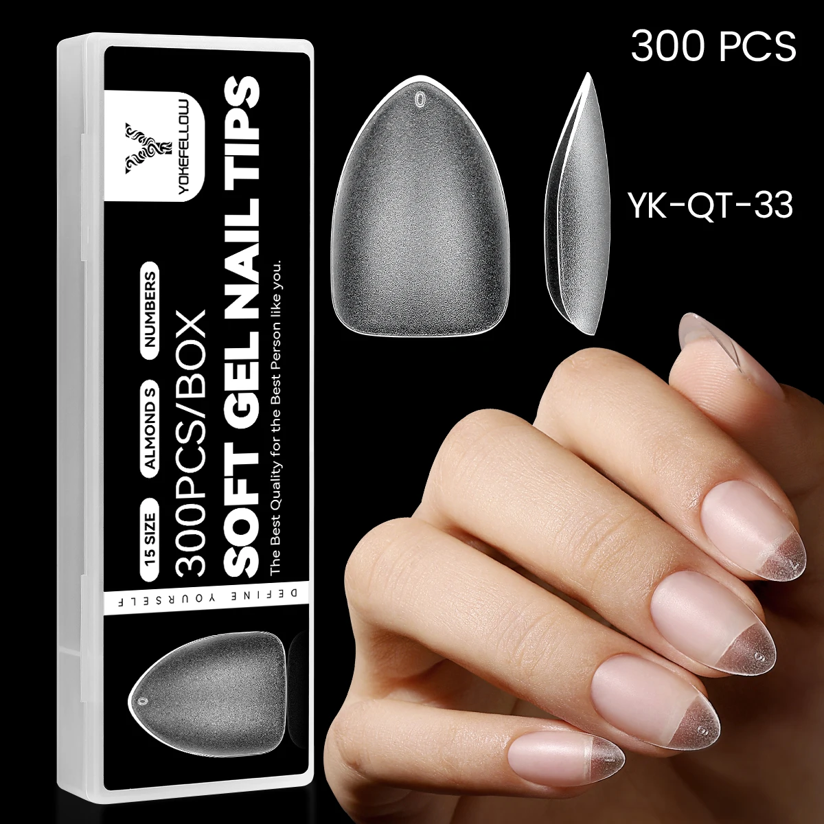 YOKEFELLOW Almond Soft Gel Nail Tips Kit 300PCS 15SIZE Full Cover Nail Extensions Half Matte Acrylic False Nails Salons Home DIY