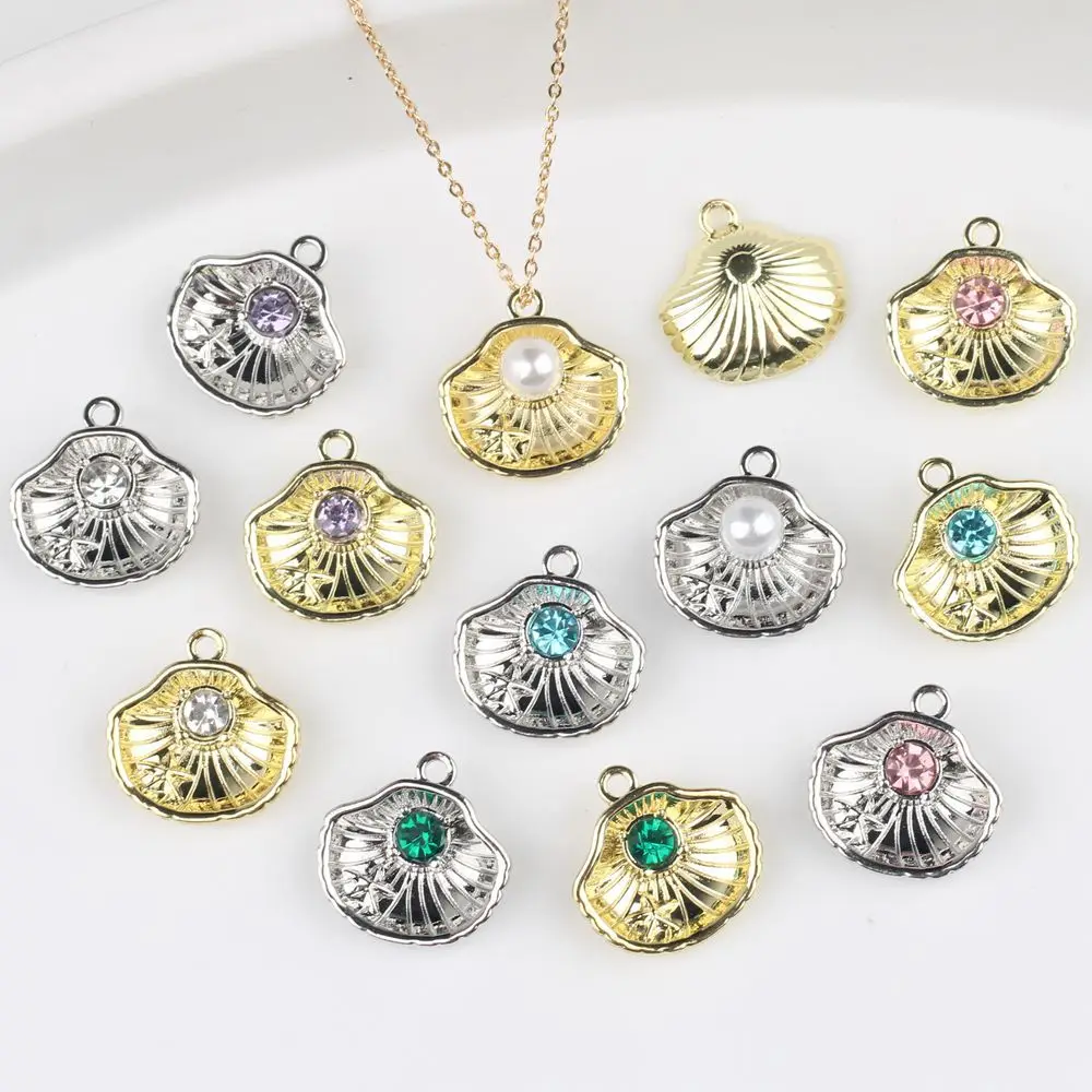 6pcs/lot 14*14MM Zinc Alloy Pearl Rhinestone Inlaid Pearl Mussel Pendant Charms DIY Necklace Bracelet Earrings Accessorie