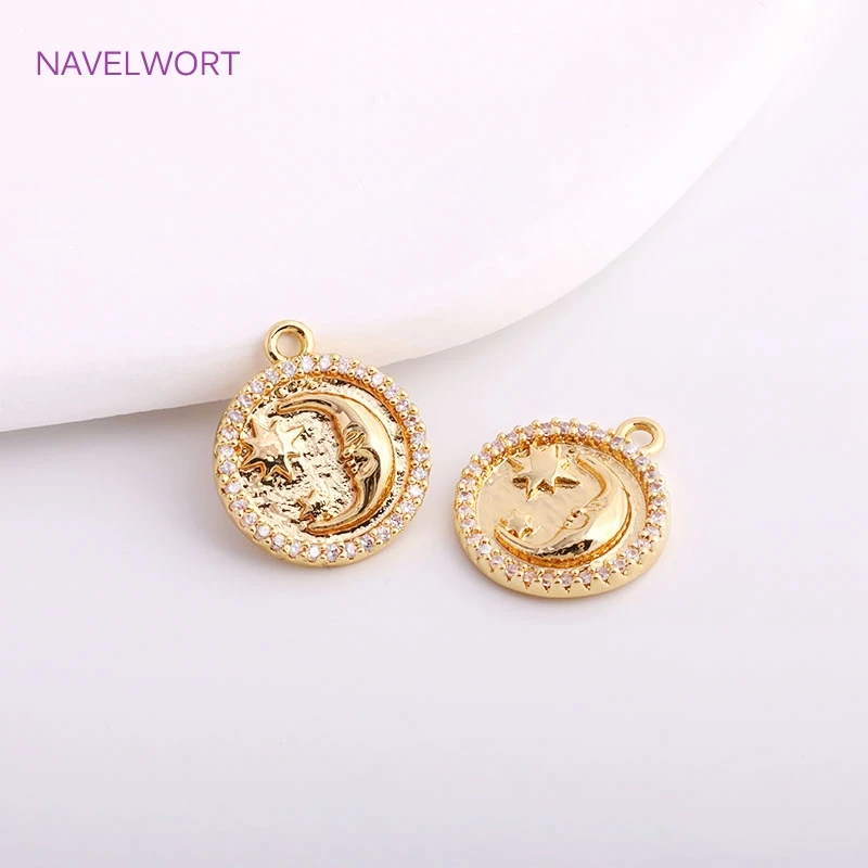 14K Gold Plated Engraved Moon Star Round Earring Pendants For Jewelry Making,Inlaid Zircon Round Pendants Wholesale