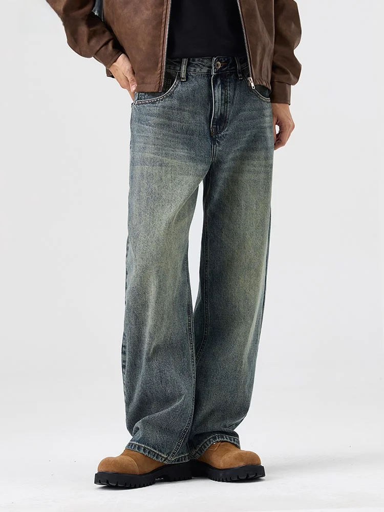 

Uktk American Retro Waed Denim Jeans Men's Loose Straight Leg Wide Leg Long Pants Autumn Casual Cotton Polyester Blend