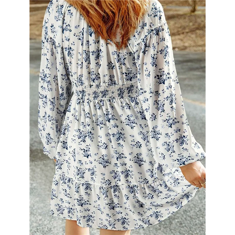 CYL-Women Fall Boho Floral V Neck Long Sleeve Smocked Elastic Waist Casual A-Line Mini Dress Sundress