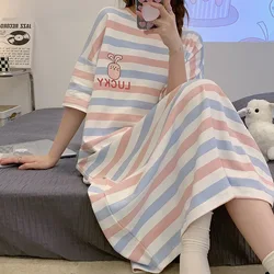 Summer Jacquard Cotton Women Long Nightgown Sleepwear Short Sleeve Nightdress Loose Cute Cartoon Nightwear Home Dressing Gown