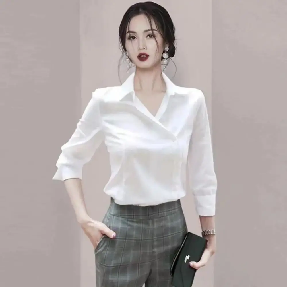 European Fashion Shirt 2024 New Style Irregular Temperament Top Design White Shirt Women's Spring And Autumn Office Lady Blouse