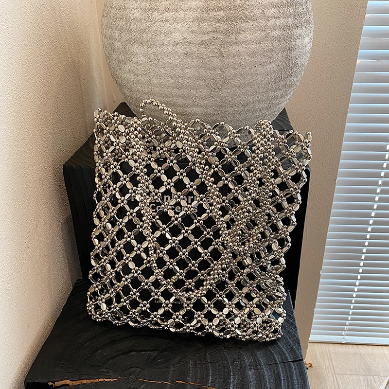 Mesh Tote Bag Women Hollow Out Crystal Chain Shoulder Bag Luxury Sparkly Handbag Evening Party Wedding Shopping Handheld Purse